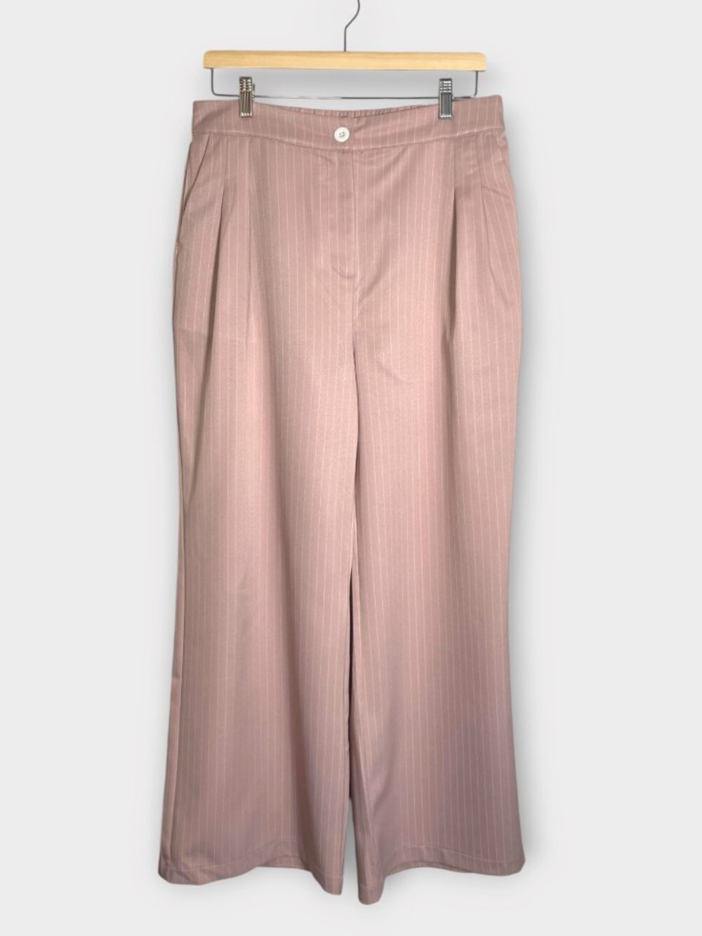 HALARA Pinstripe Wide Leg Pleated Trousers Pants Dusty Rose Pink Sz L Office